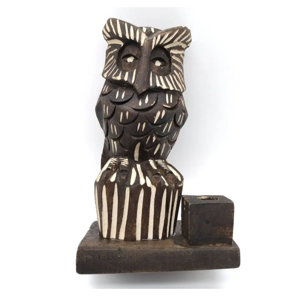 Wood OWL Pencil Pen Holder Desk Décor